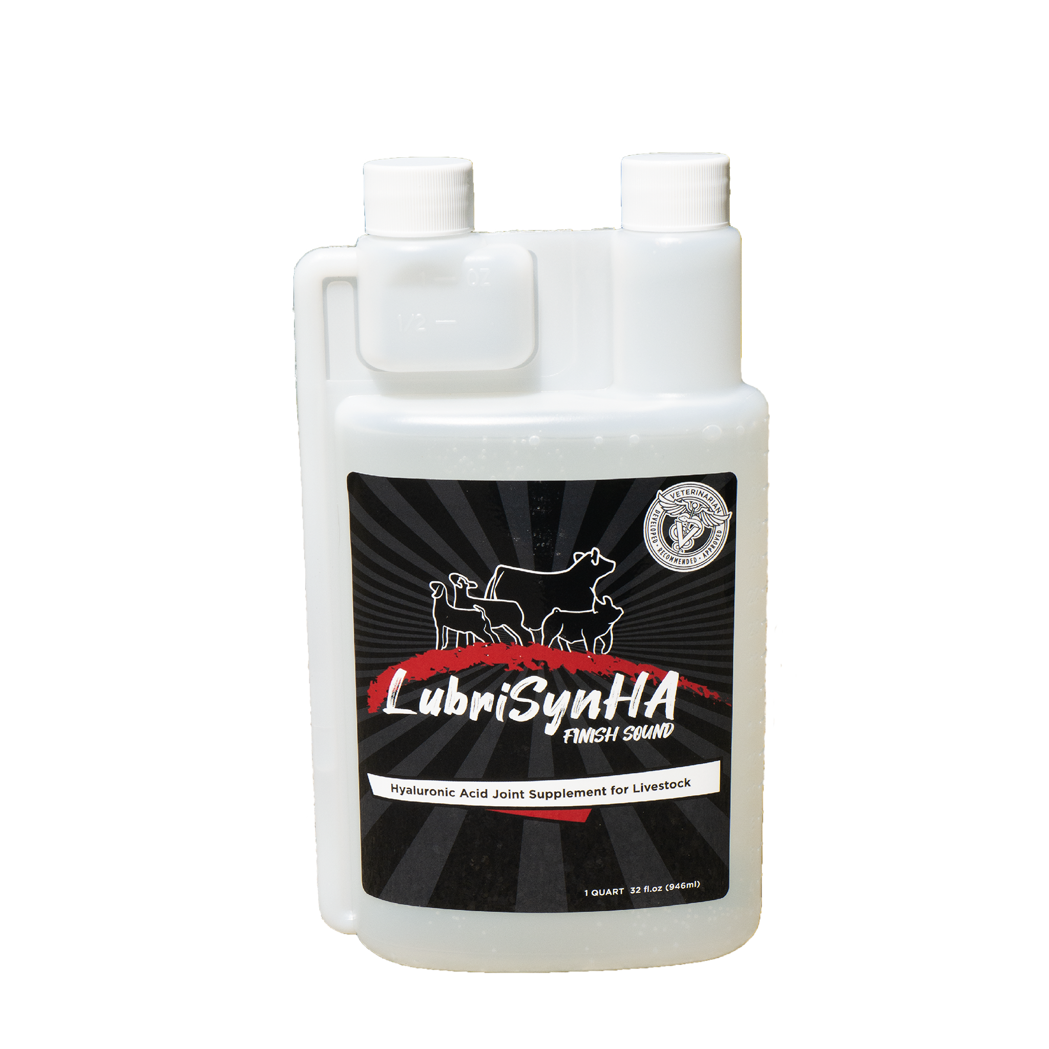 LubriSyn HA livestock quart bottle with squeeze measuring function.