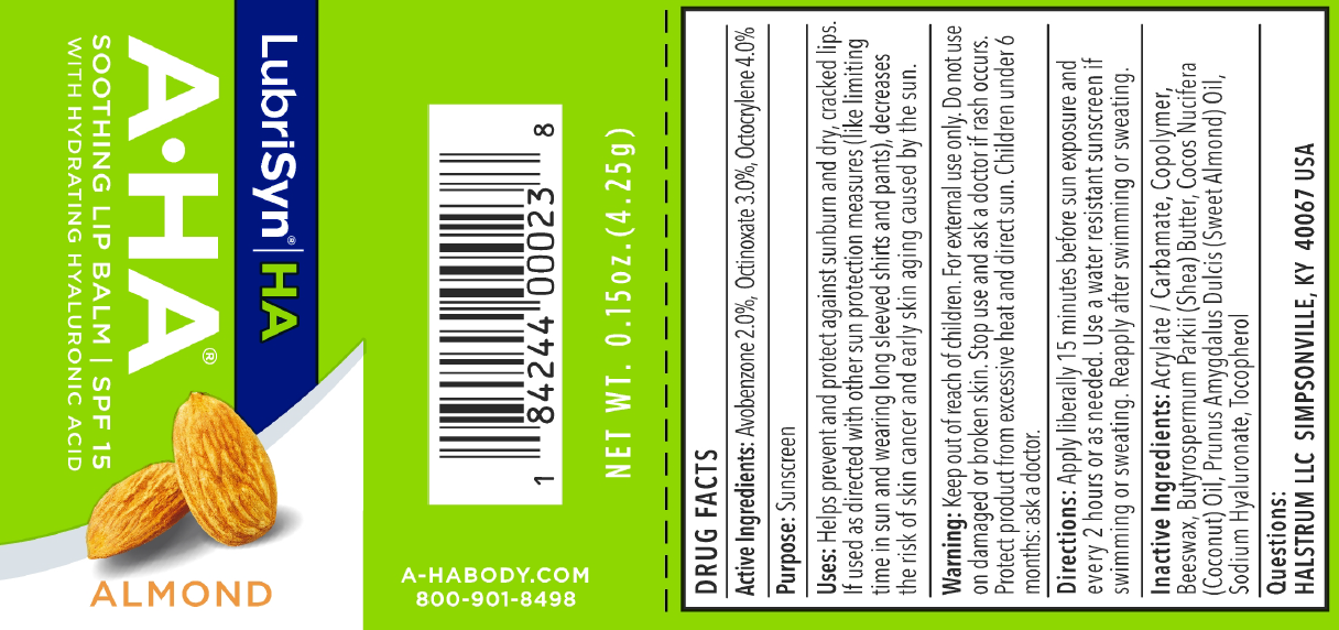 LubriSyn HA A-HA lip balm almond flavor label.