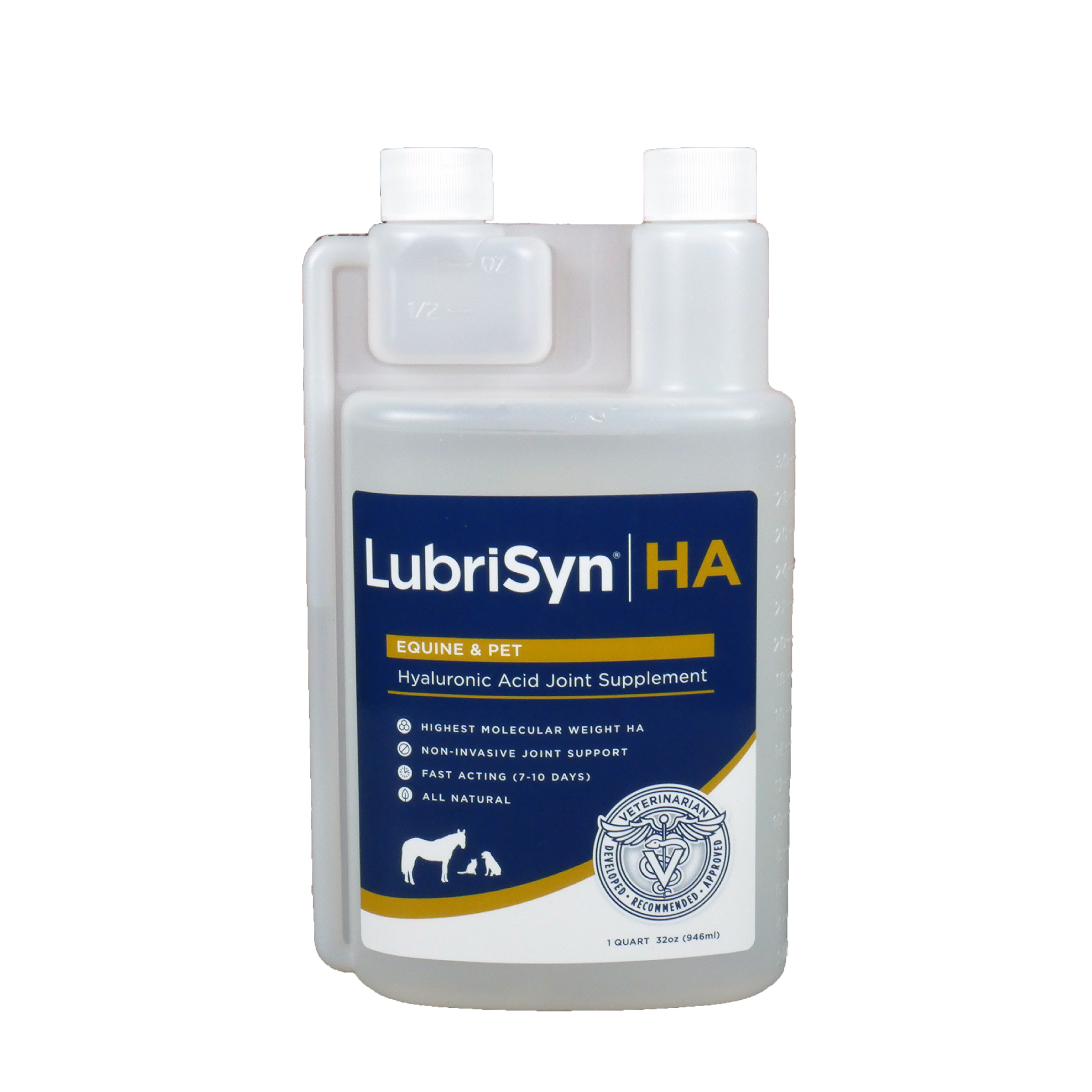 LubriSyn HA pet and equine quart bottle with squeeze measuring function.