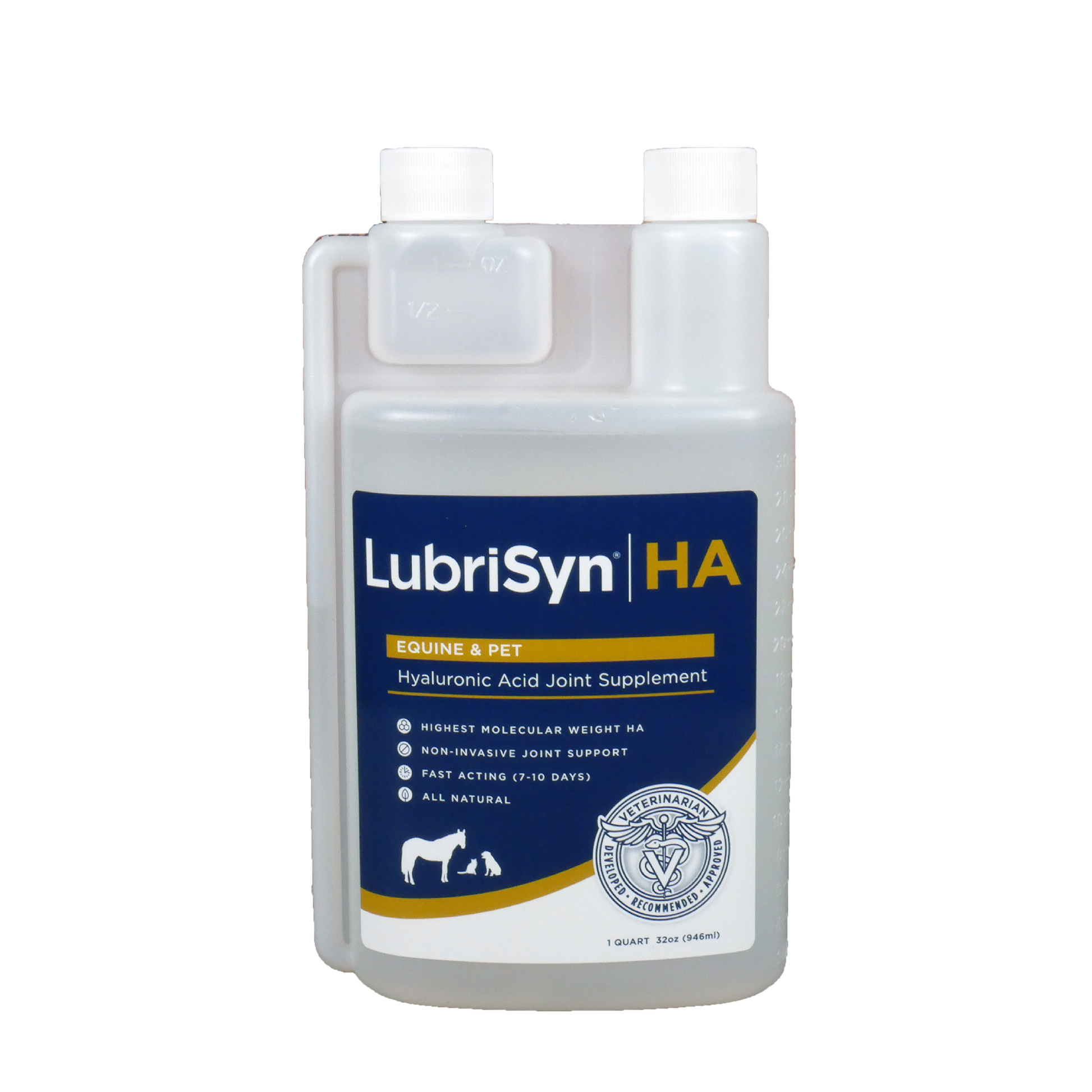 LubriSyn HA pet and equine quart bottle with squeeze measuring function.