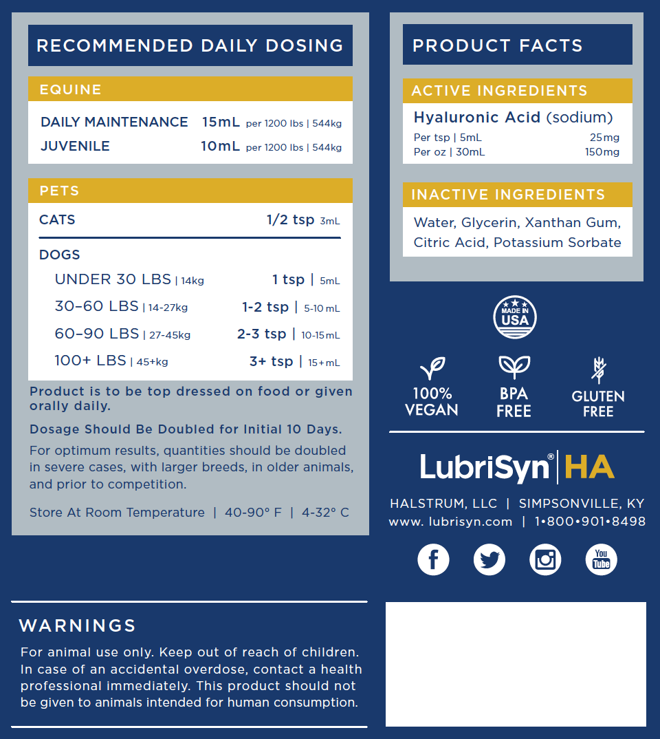 LubriSyn HA pet and equine half-gallon label. Includes dosing information.