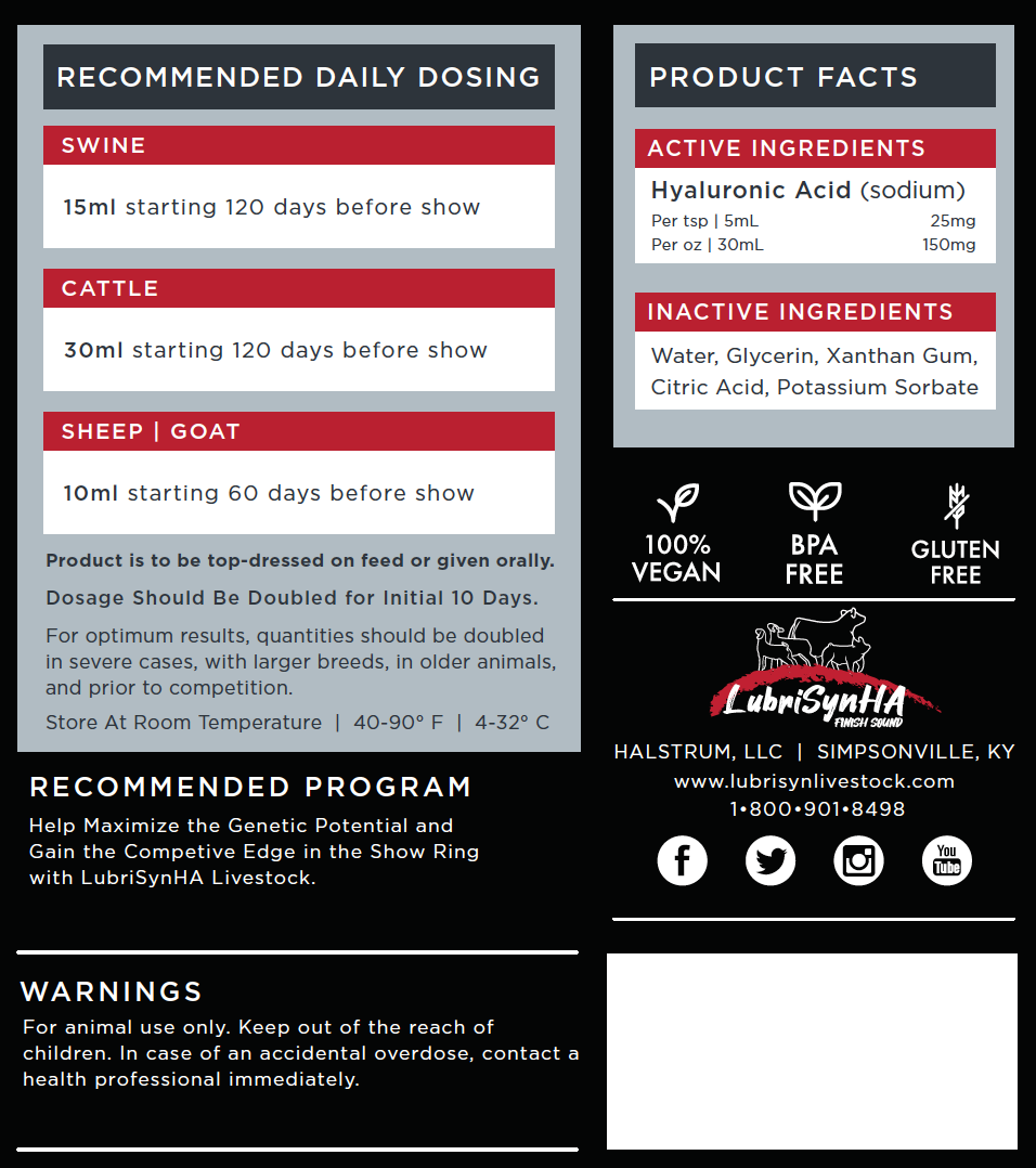LubriSyn HA livestock gallon label. Includes dosing information for swine, cattle, sheep and goats. 