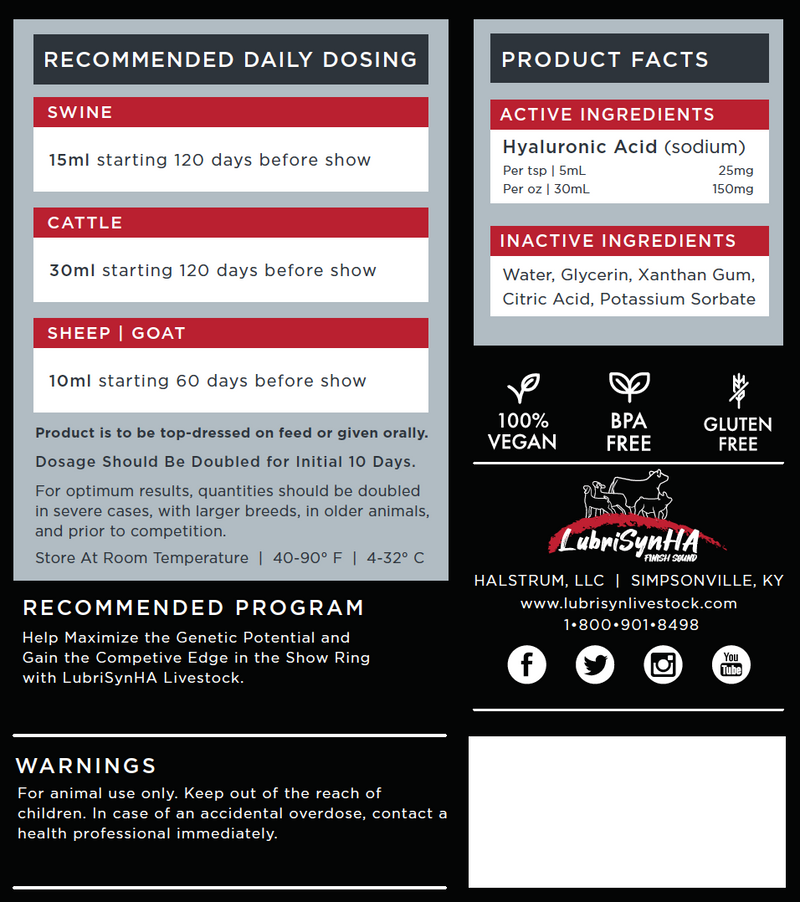 LubriSyn HA livestock gallon label. Includes dosing information for swine, cattle, sheep and goats. 