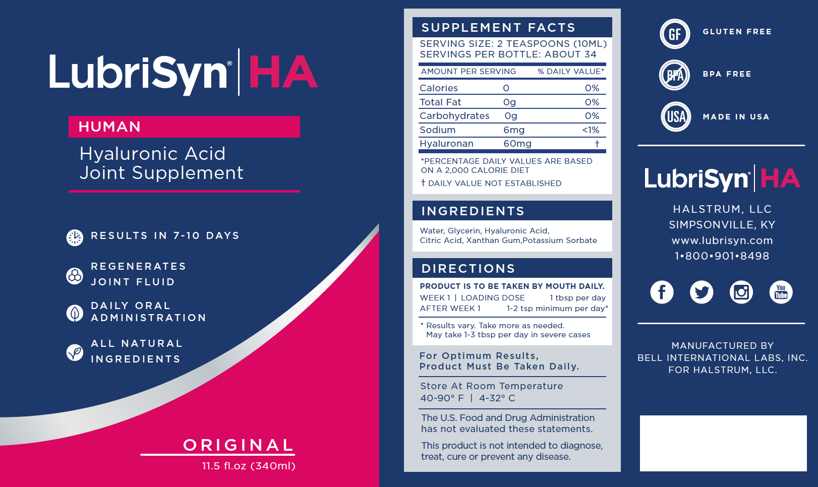 LubriSyn HA human original flavor label. Includes dosing information.