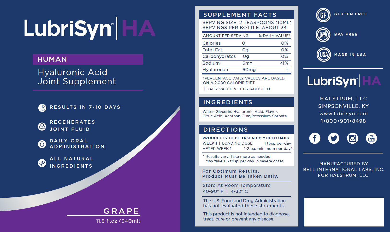 LubriSyn Ha human grape flavor label. Includes dosing information. 